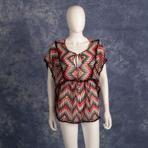 Milly Red Blue White Gold Silk Blend Sheer Blouse Pom-Poms Sz 6